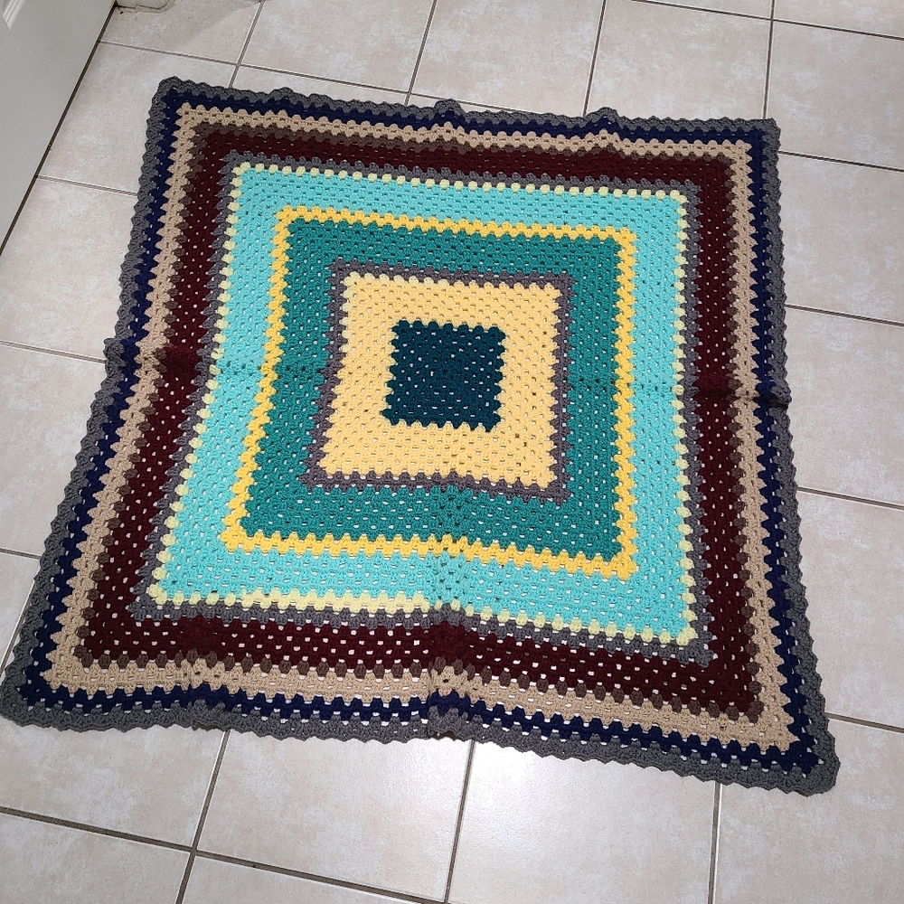 Hand Crafted Handmade Granny Square Crochet Knit Afghan Throw Blanket 52"x54"